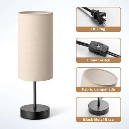 SIXZOONM Small Bedside Table Lamp – Round Linen Shade, Black Base