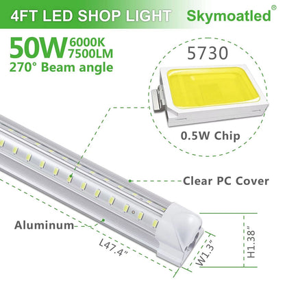 Skymoatled 8Pack 4FT LED Shop Light – 50W, 6000K, 7500LM, Linkable
