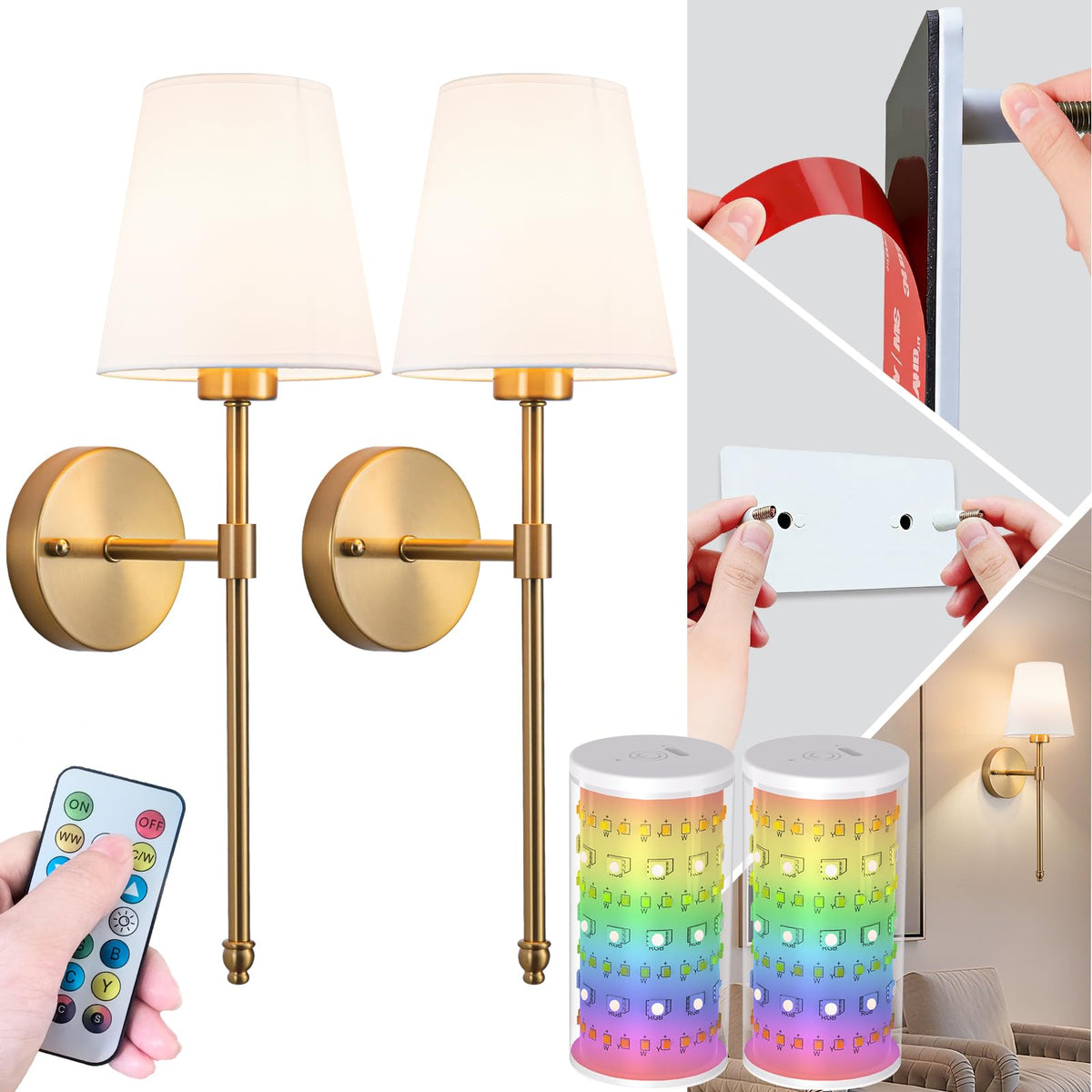Slywise Peel & Stick Wall Sconces – Wireless Battery-Powered 2-Pack