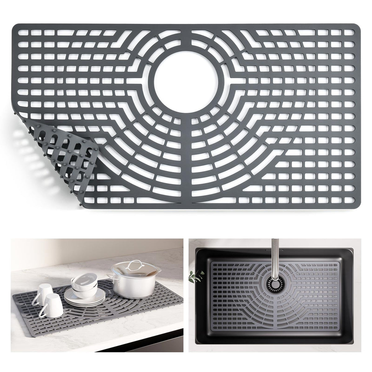 Snuggery Silicone Sink Protector 26x14 – Heat-Resistant, Non-Slip, Dishwasher Safe Grey