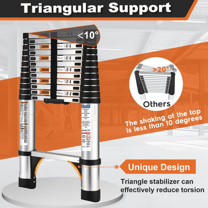 Soctone Telescoping Ladder 12.5 ft – Aluminum, 330 lb Capacity, 2 Triangle Stabilizers
