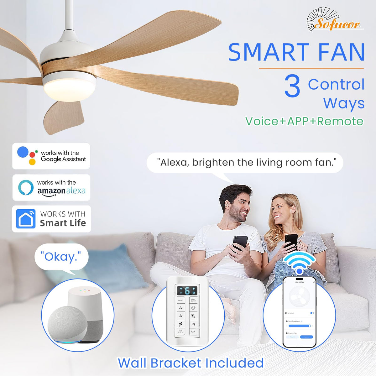 Sofucor 52-Inch Smart Ceiling Fan with Lights, Remote, Alexa/Google Compatible