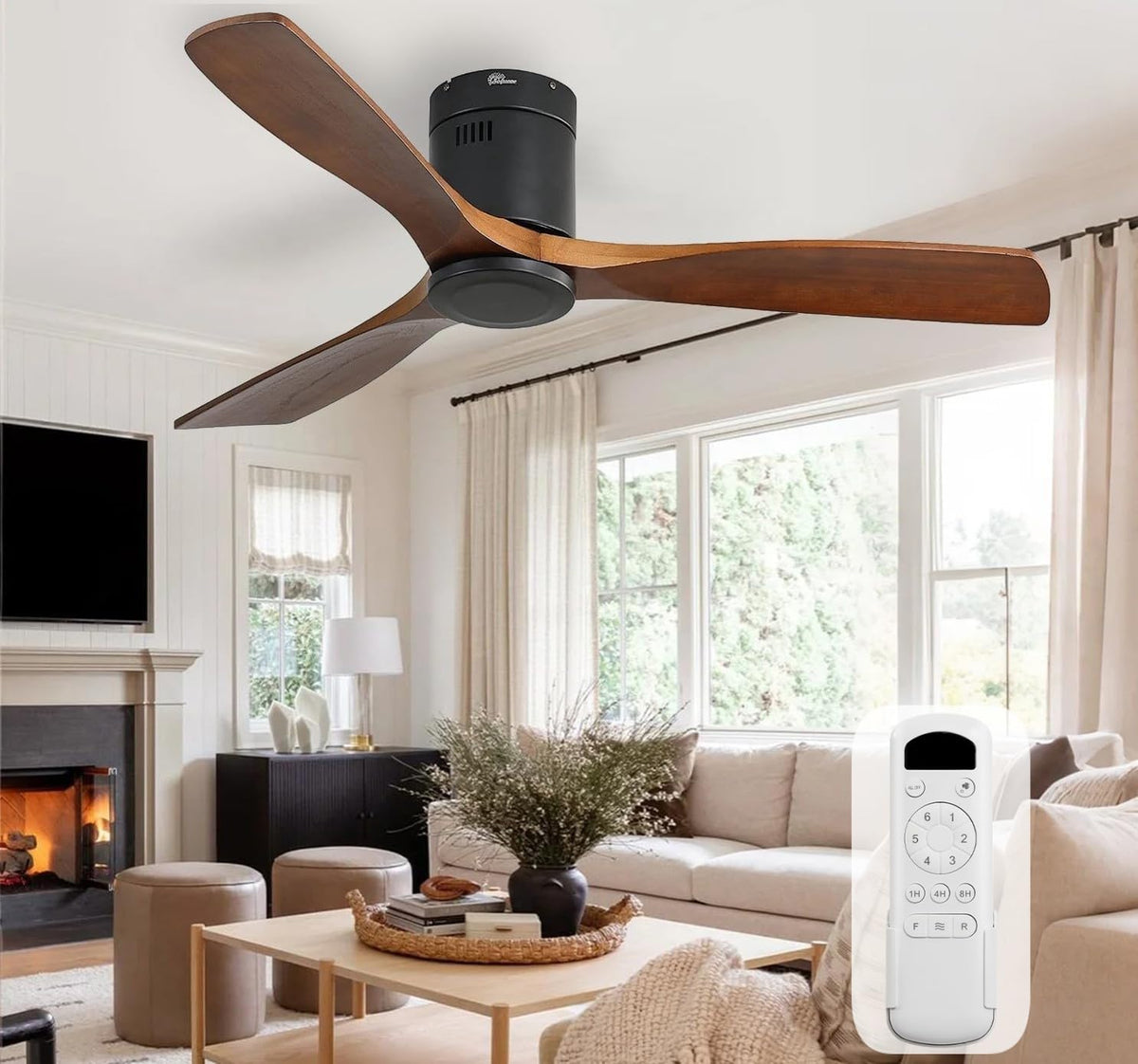 Sofucor 52-Inch Solid Wood Ceiling Fan with Remote Control — Flush Mount, No Light, Quiet DC Motor (Brown/Black)
