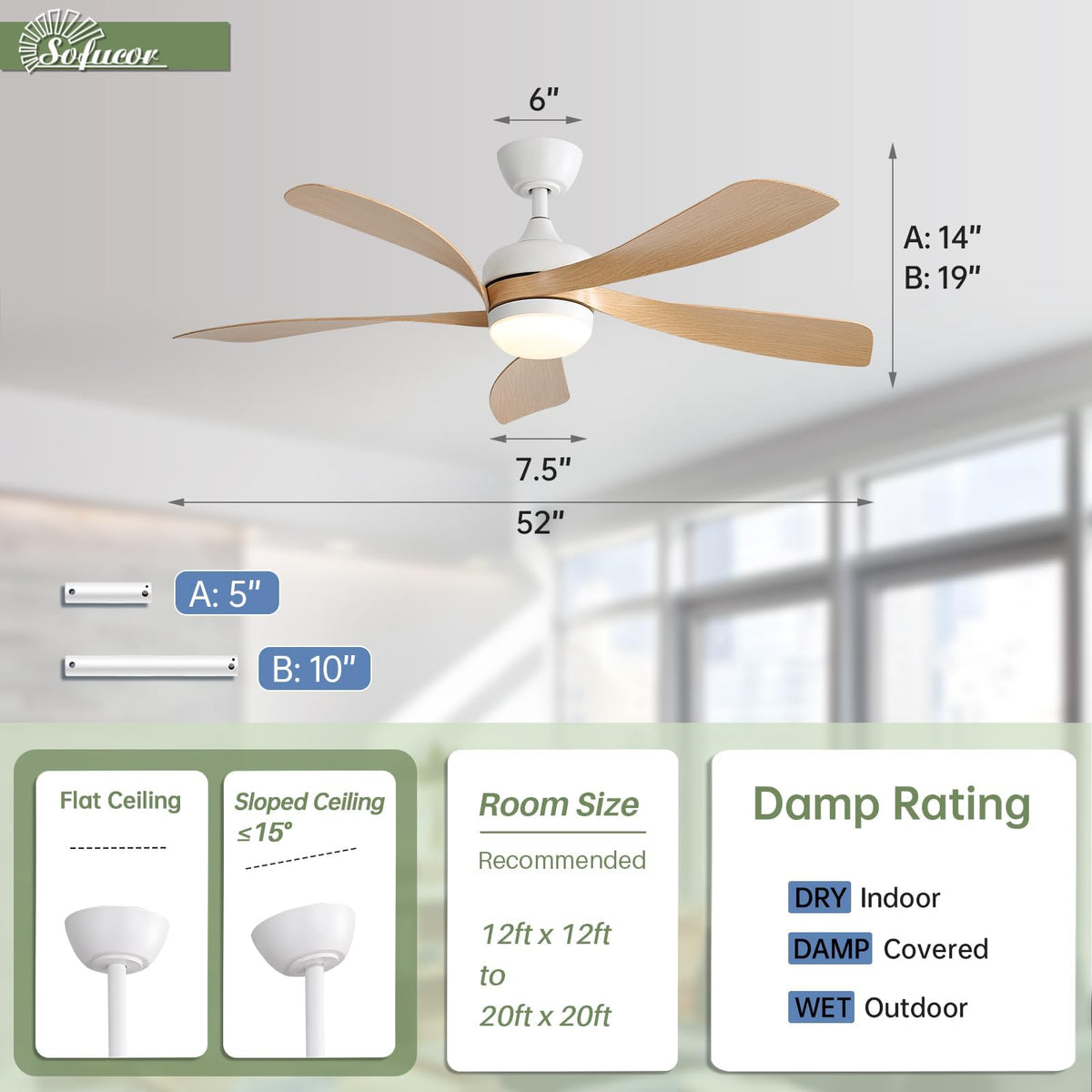Sofucor 52-Inch Smart Ceiling Fan with Lights, Remote, Alexa/Google Compatible