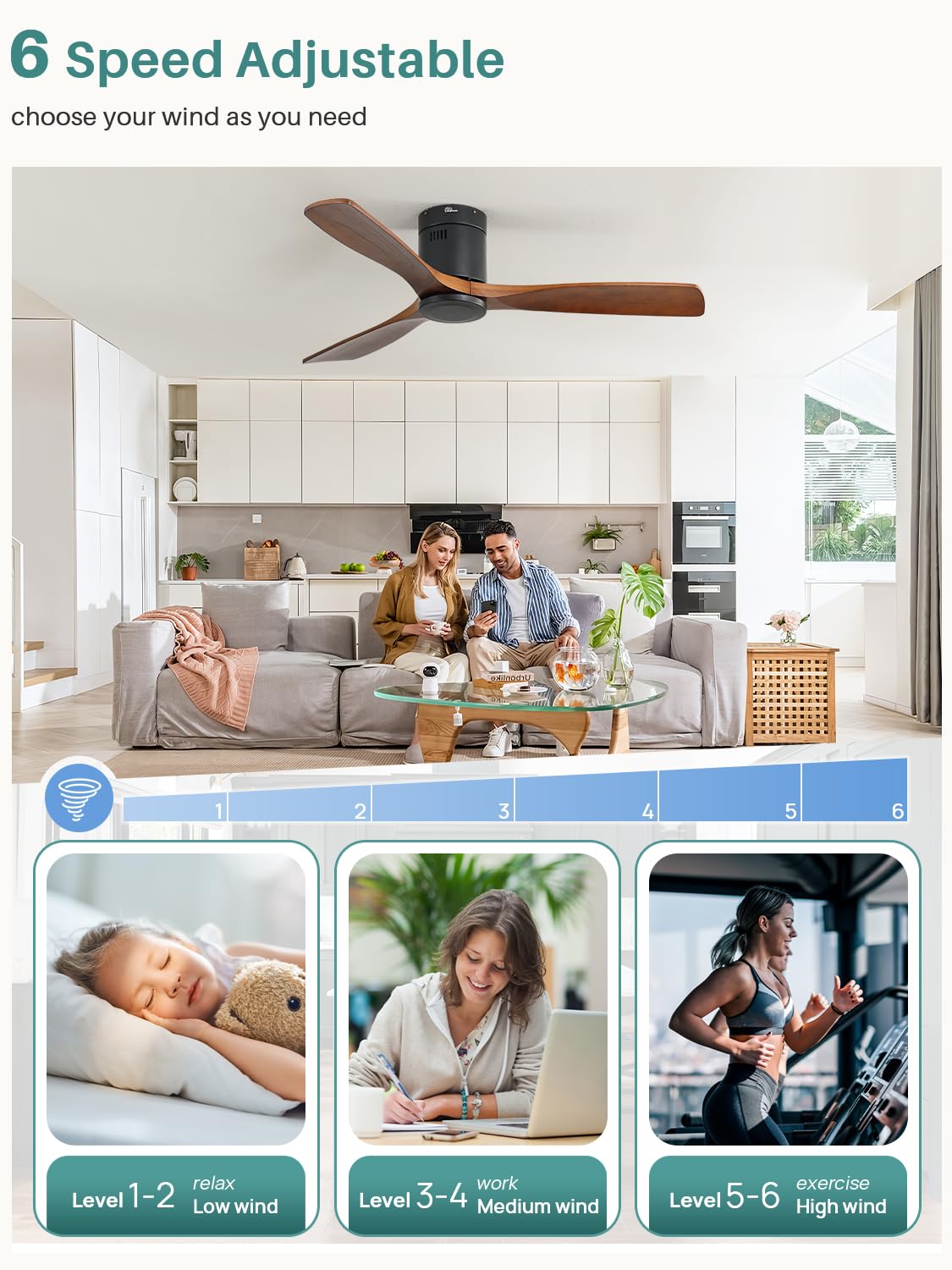 Sofucor 52-Inch Solid Wood Ceiling Fan with Remote Control — Flush Mount, No Light, Quiet DC Motor (Brown/Black)