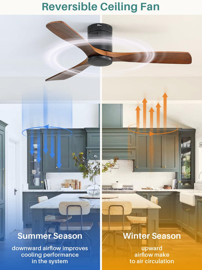Sofucor 52-Inch Solid Wood Ceiling Fan with Remote Control — Flush Mount, No Light, Quiet DC Motor (Brown/Black)