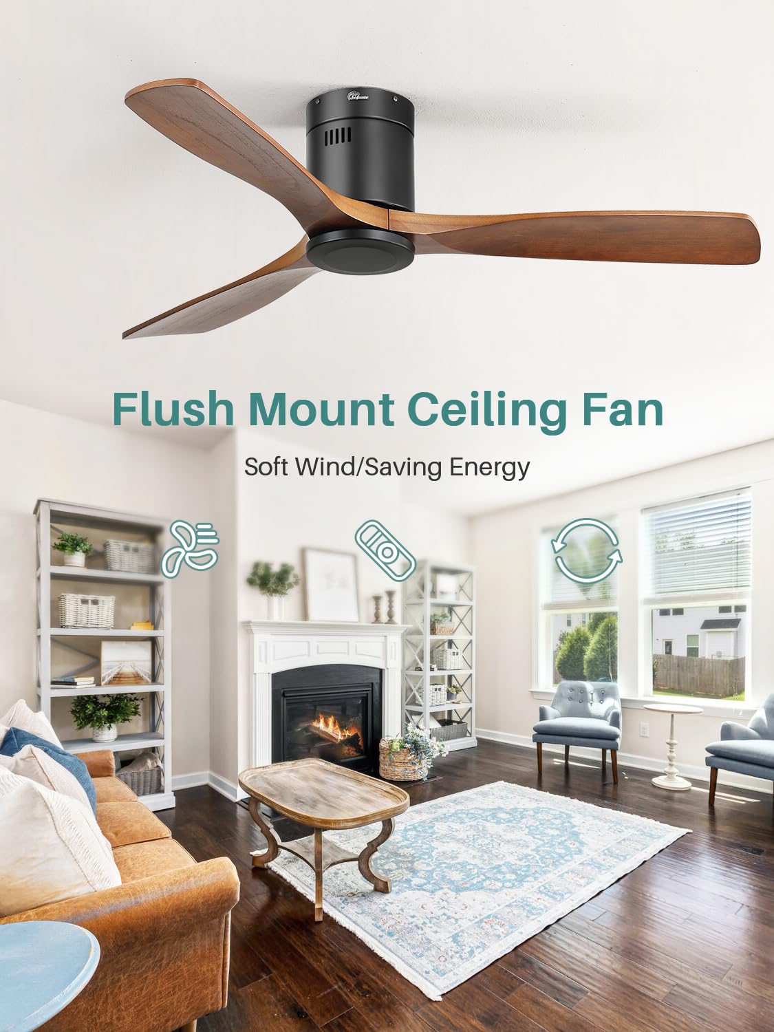 Sofucor 52-Inch Solid Wood Ceiling Fan with Remote Control — Flush Mount, No Light, Quiet DC Motor (Brown/Black)
