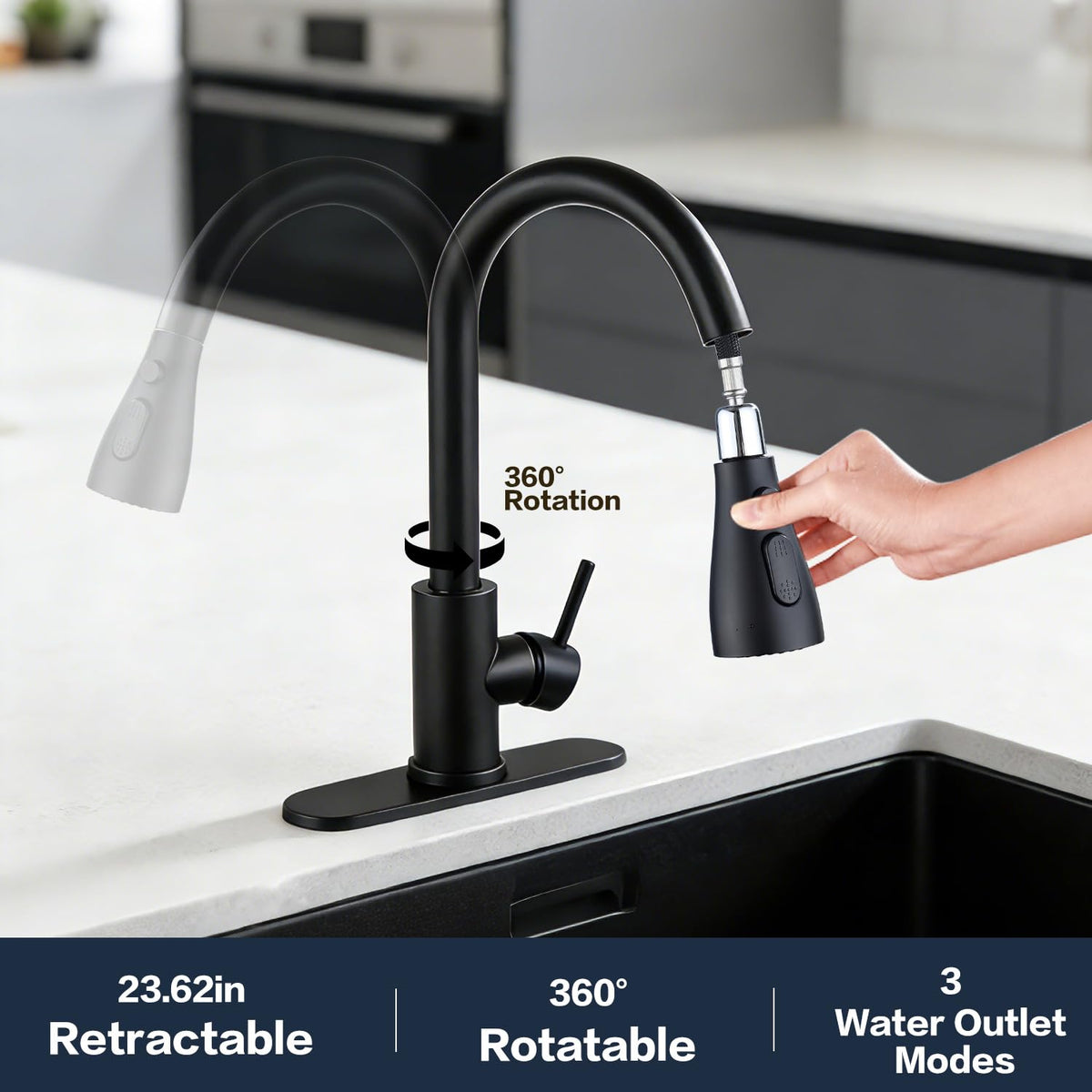 SoliForge Black Kitchen Faucet with Pull-Down Sprayer — High Arc, 1- or 3-Hole Install