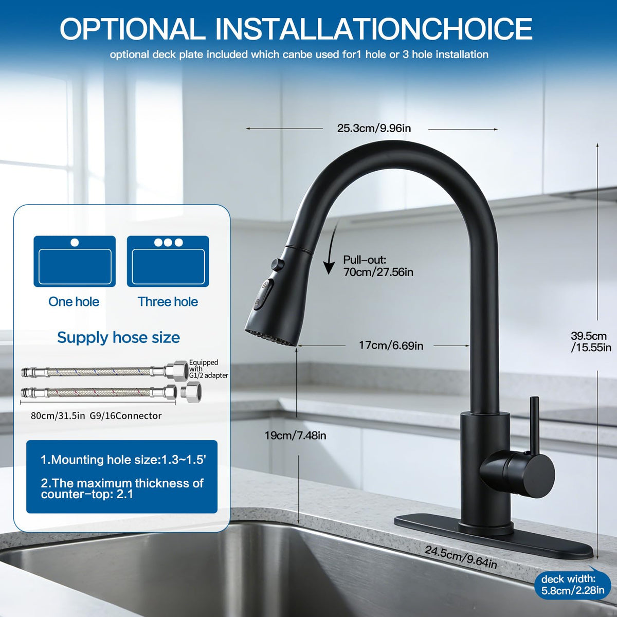 SoliForge Black Kitchen Faucet with Pull-Down Sprayer — High Arc, 1- or 3-Hole Install