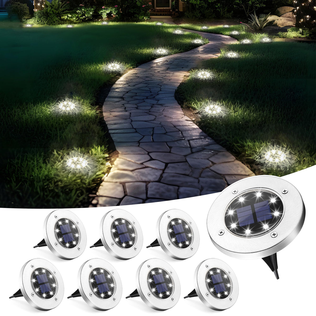 SOLPEX Solar Ground Lights 8-Pack – Outdoor Pathway & Garden Lighting, Waterproof, Cool White