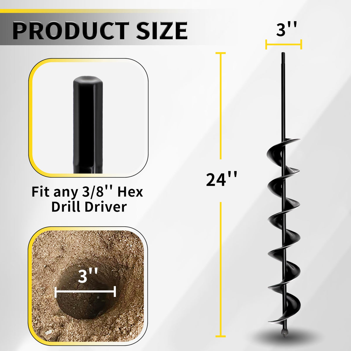 SORANGEUN 3x24 Garden Auger Drill Bit — Upgraded Solid Shaft, Hex-Driver Compatible