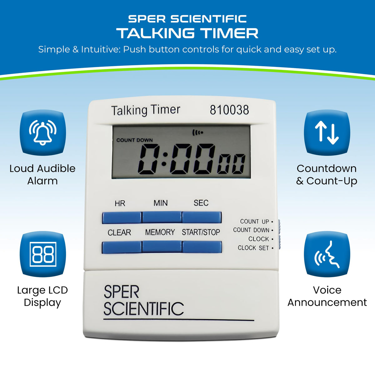 Sper Scientific Talking Lab Countdown Timer – Voice Announcements for Hands-Free Lab Timing