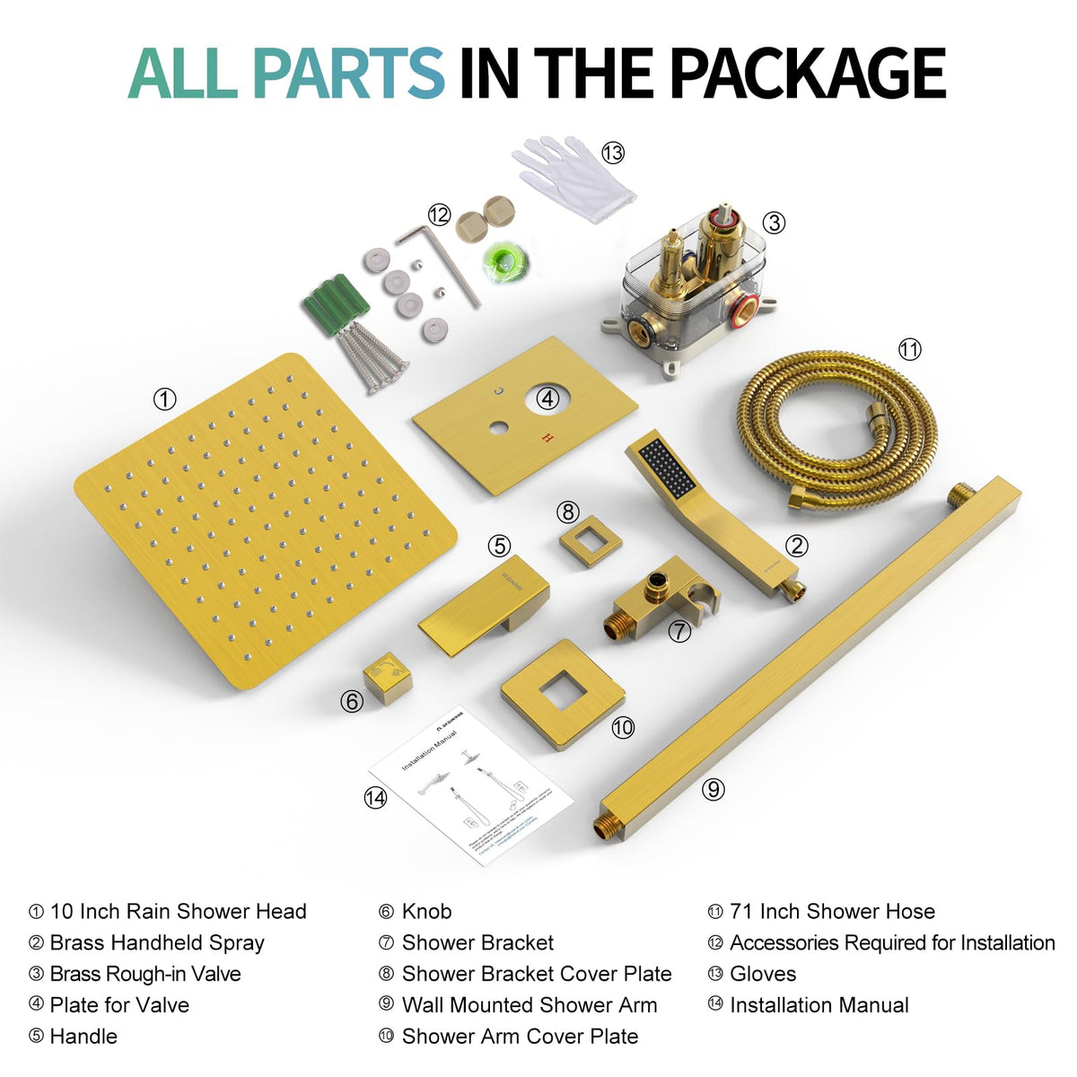 SR SUN RISE Shower Faucets Sets – Brushed Gold Square Rain Head with Handheld Kit