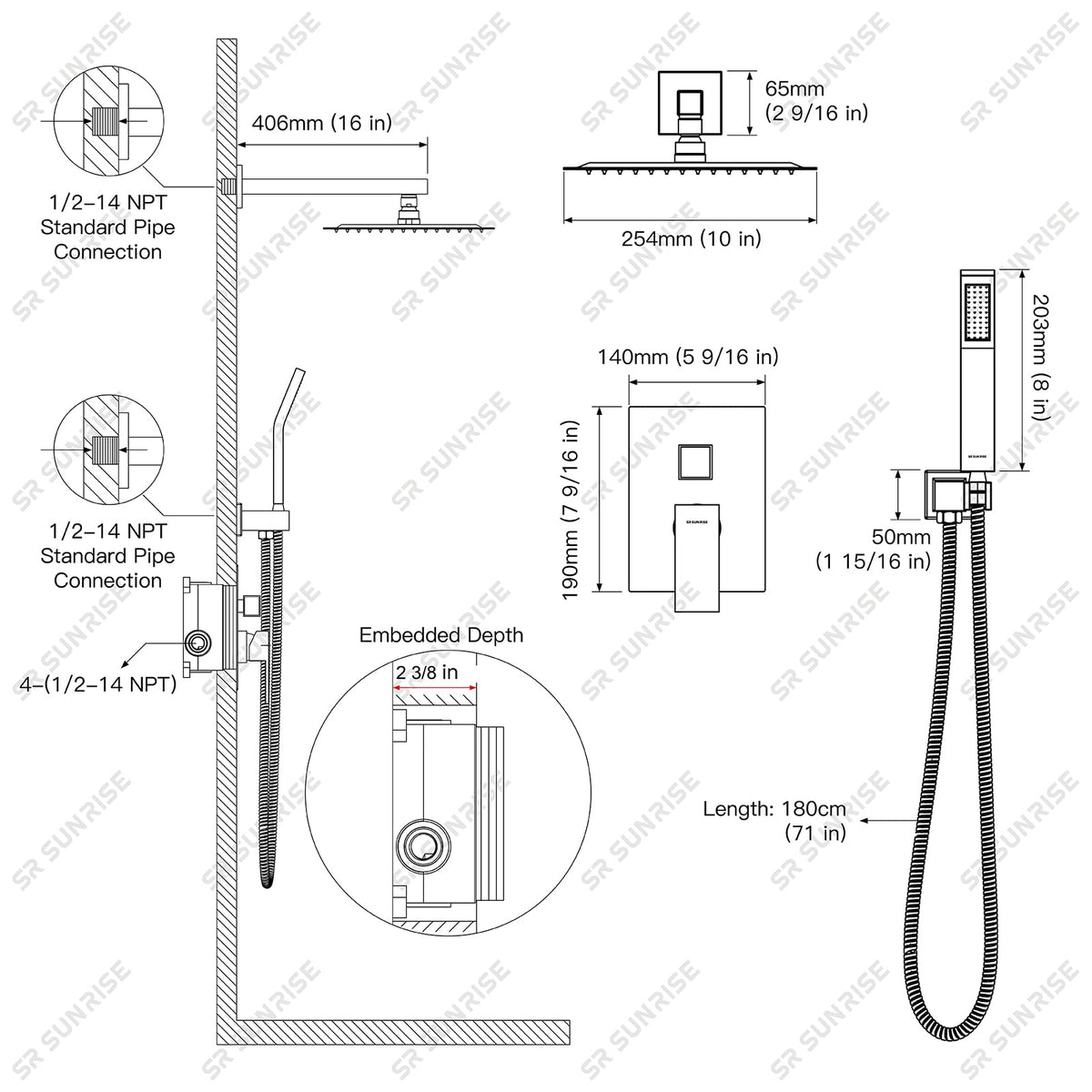 SR SUN RISE Shower Faucets Sets – Brushed Gold Square Rain Head with Handheld Kit