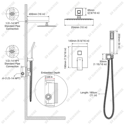 SR SUN RISE Shower Faucets Sets – Brushed Gold Square Rain Head with Handheld Kit