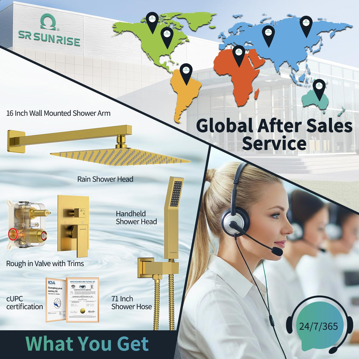 SR SUN RISE Shower Faucets Sets – Brushed Gold Square Rain Head with Handheld Kit