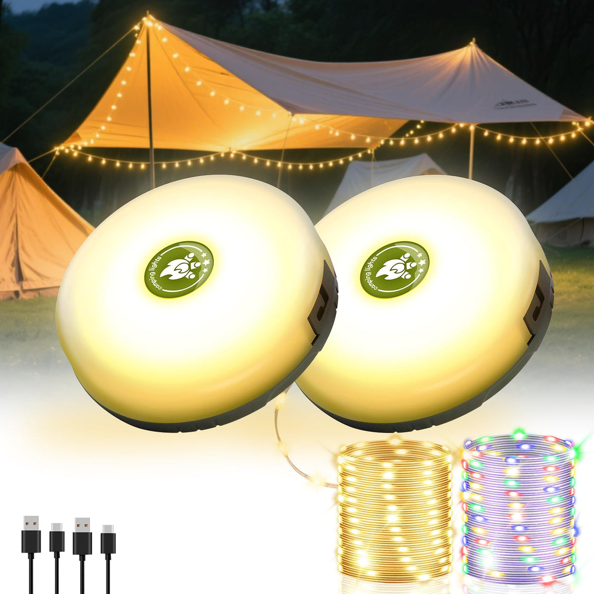 Staaricc 2Pack Camping String Lights – 4-in-1 Quick-Storage Camp Light, 32.8ft, 8 Modes