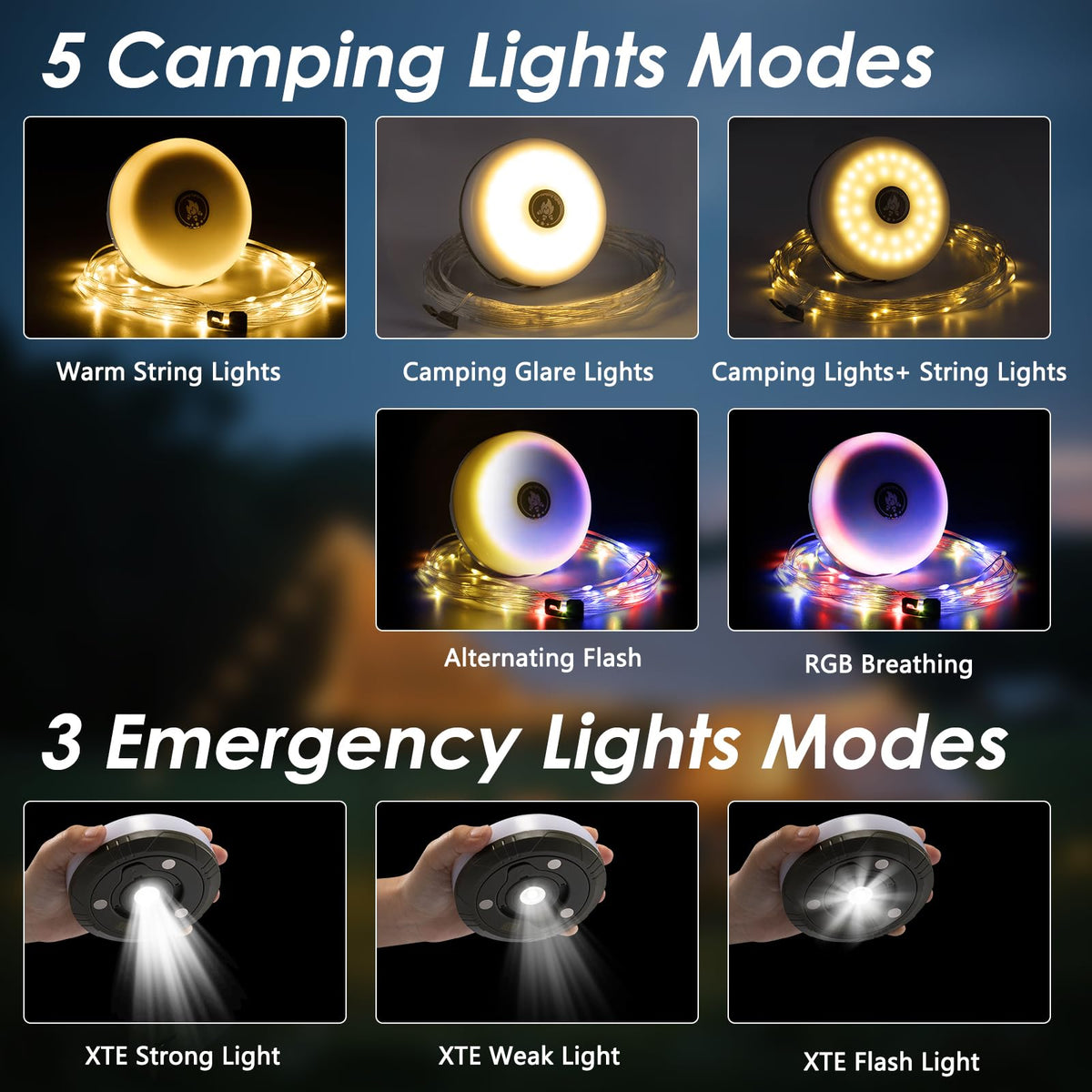 Staaricc 2Pack Camping String Lights – 4-in-1 Quick-Storage Camp Light, 32.8ft, 8 Modes