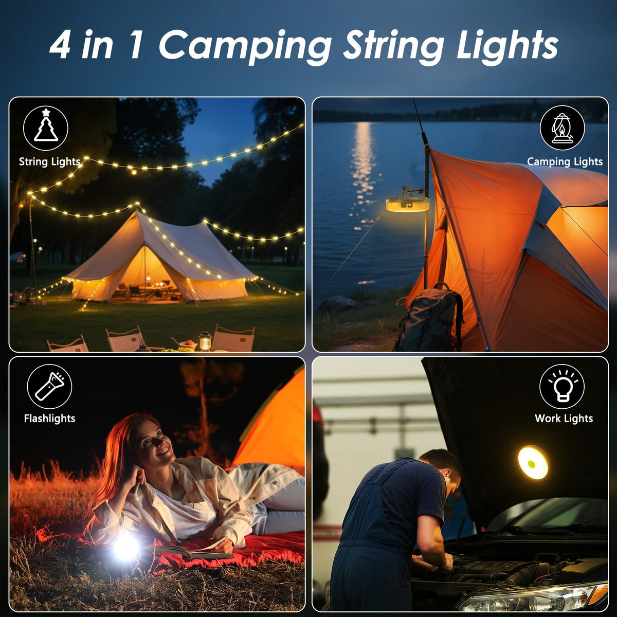 Staaricc 2Pack Camping String Lights – 4-in-1 Quick-Storage Camp Light, 32.8ft, 8 Modes