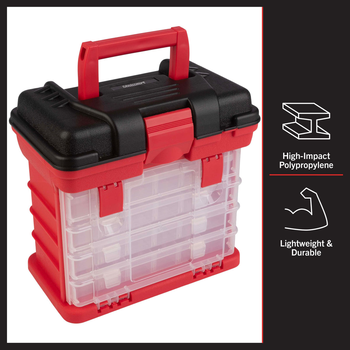 Stalwart Portable Tool Box - Small Parts Organizer with Customizable Compartments (Red)