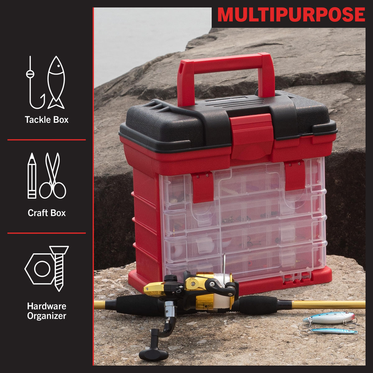 Stalwart Portable Tool Box - Small Parts Organizer with Customizable Compartments (Red)