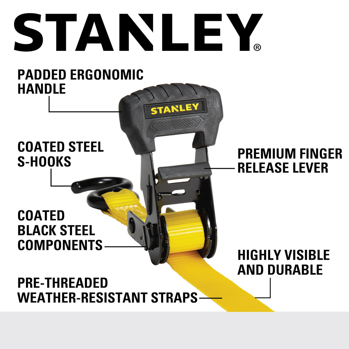 STANLEY S10204 1.25" x 16' Pre-Threaded Ratchet Straps (4 Pack) – 1,000 lb WLL