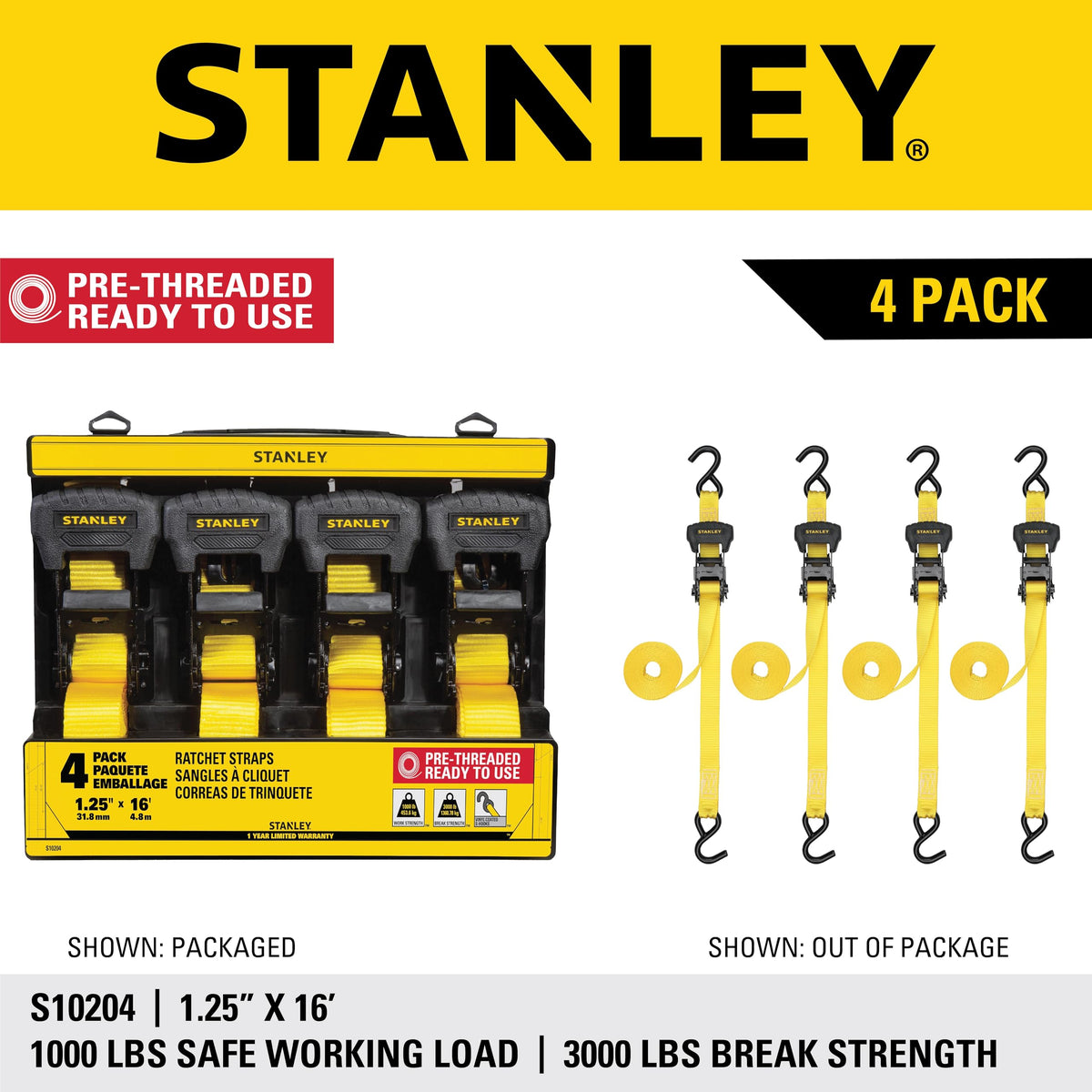STANLEY S10204 1.25" x 16' Pre-Threaded Ratchet Straps (4 Pack) – 1,000 lb WLL