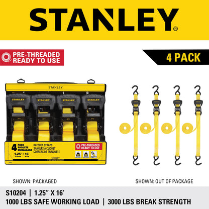 STANLEY S10204 1.25" x 16' Pre-Threaded Ratchet Straps (4 Pack) – 1,000 lb WLL