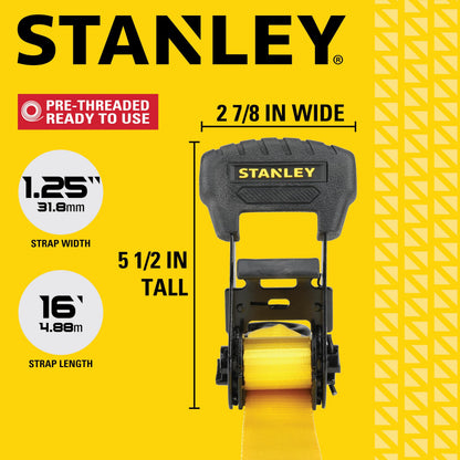STANLEY S10204 1.25" x 16' Pre-Threaded Ratchet Straps (4 Pack) – 1,000 lb WLL