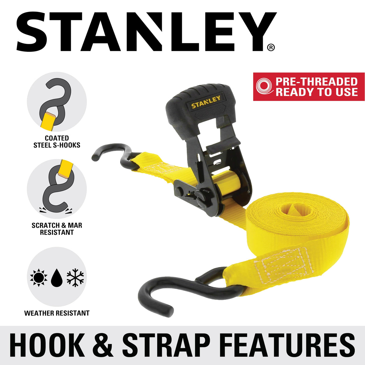 STANLEY S10204 1.25" x 16' Pre-Threaded Ratchet Straps (4 Pack) – 1,000 lb WLL
