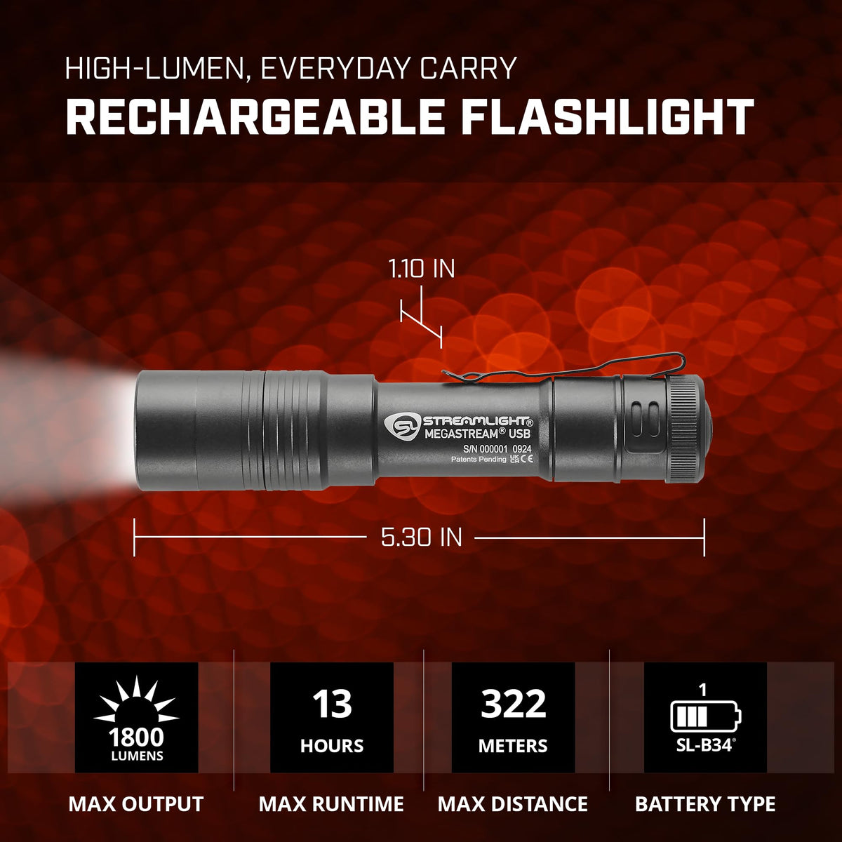 Streamlight MegaStream USB 1800-Lumen EDC Flashlight - Rechargeable, IPX7, USB-C