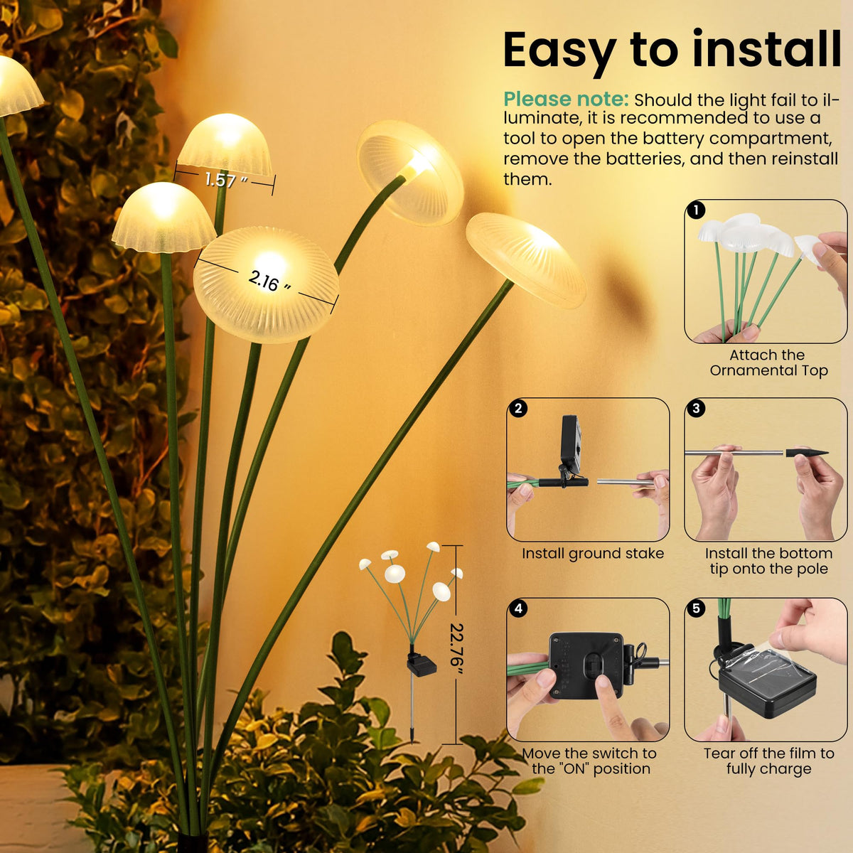 Sunket Solar Garden Lights 2-Pack – Warm White Mushroom Path Lights