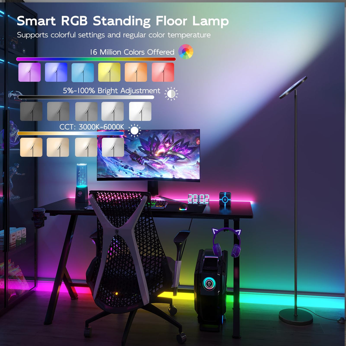 SUNMORY Smart RGB Floor Lamp — App & Remote Dimmable 32W Torchiere for Living Room