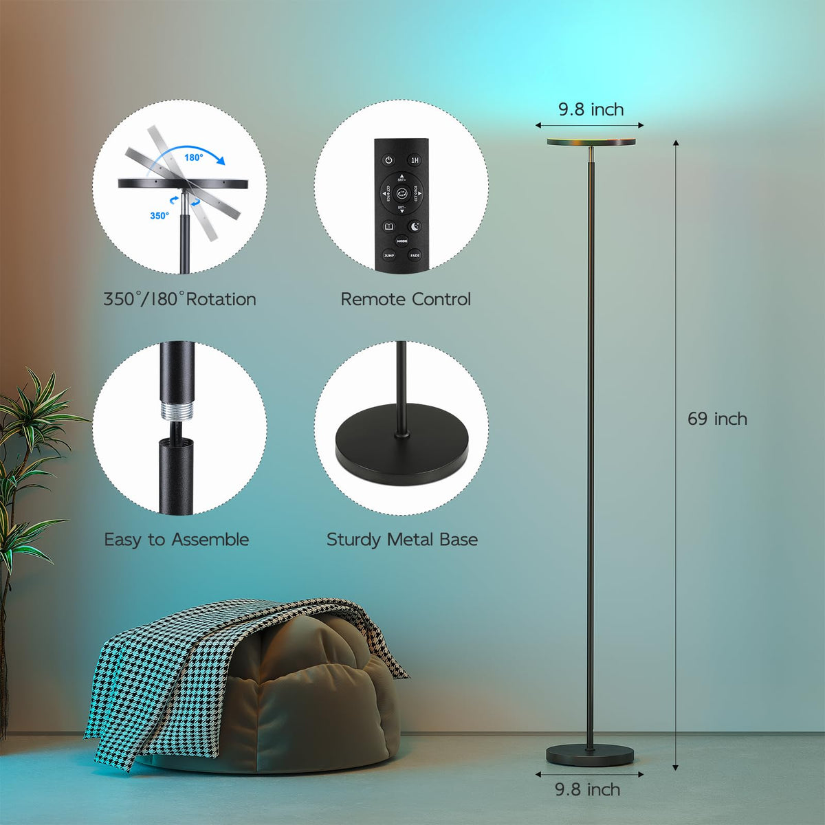SUNMORY Smart RGB Floor Lamp — App & Remote Dimmable 32W Torchiere for Living Room
