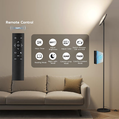 SUNMORY Smart RGB Floor Lamp — App & Remote Dimmable 32W Torchiere for Living Room