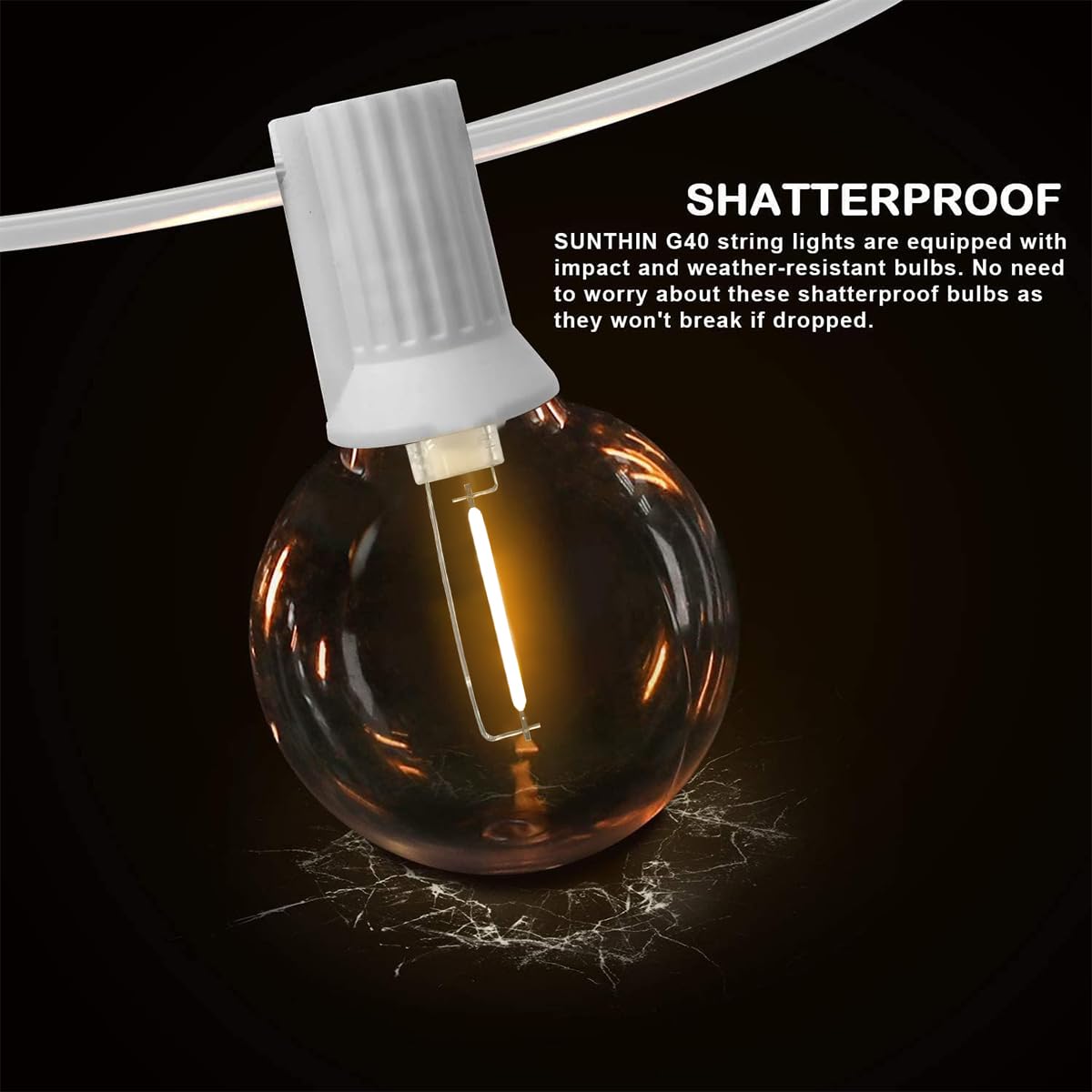 SUNTHIN Outdoor White String Lights – 27ft, 14 G40 Shatterproof LED Bulbs (1 Spare)