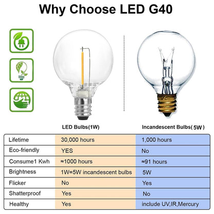 SUNTHIN Outdoor White String Lights – 27ft, 14 G40 Shatterproof LED Bulbs (1 Spare)