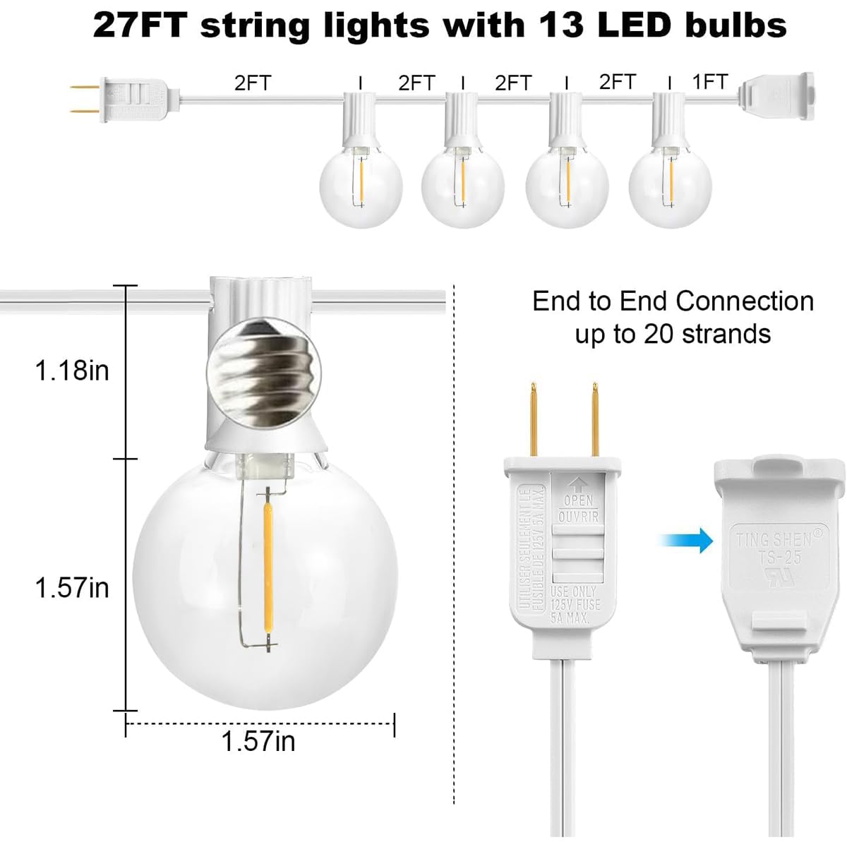 SUNTHIN Outdoor White String Lights – 27ft, 14 G40 Shatterproof LED Bulbs (1 Spare)