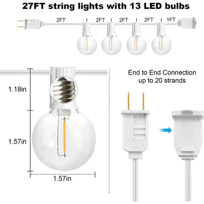 SUNTHIN Outdoor White String Lights – 27ft, 14 G40 Shatterproof LED Bulbs (1 Spare)