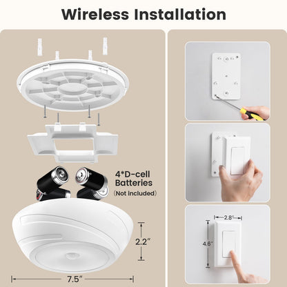 SURAIELEC Battery Ceiling Light with Wall Switch & Motion Sensor – 6500K, 300LM