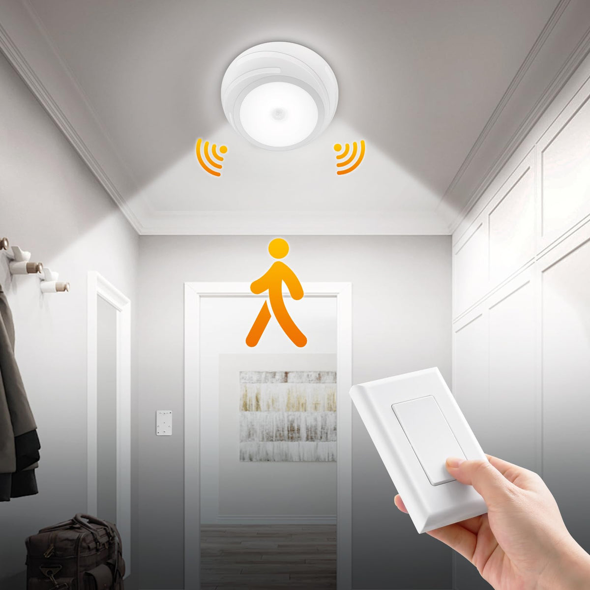SURAIELEC Battery Ceiling Light with Wall Switch & Motion Sensor – 6500K, 300LM