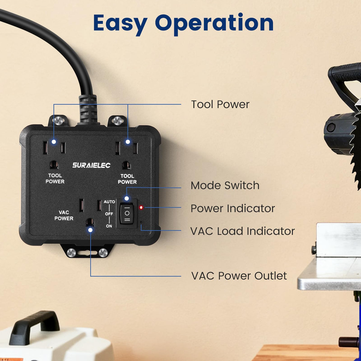 SURAIELEC Automatic Vacuum Switch for 2 Tools – Auto/On/Off, 125V 15A