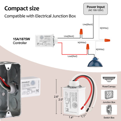 SURAIELEC Wireless Light Switch & Receiver Kit — 15A, 100ft RF Range, No Wiring