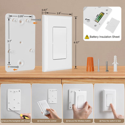 SURAIELEC Wireless Wall Switch Kit – 2 Switches + Receiver, No Wiring, 100 ft RF Range