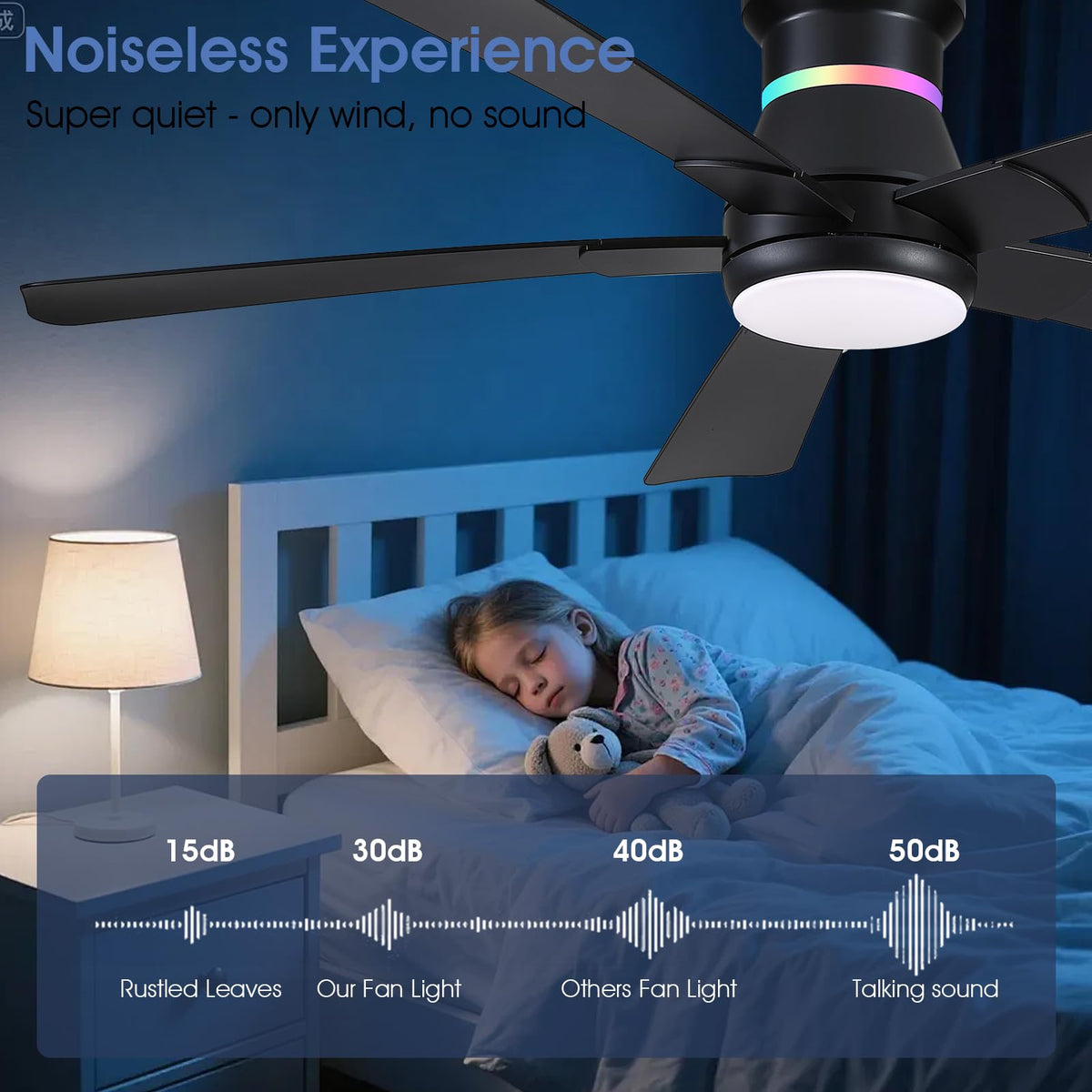 Surtime 52in Black Flush Mount Ceiling Fan with RGB LED Lights, Dimmable 3CCT, Remote/App Control