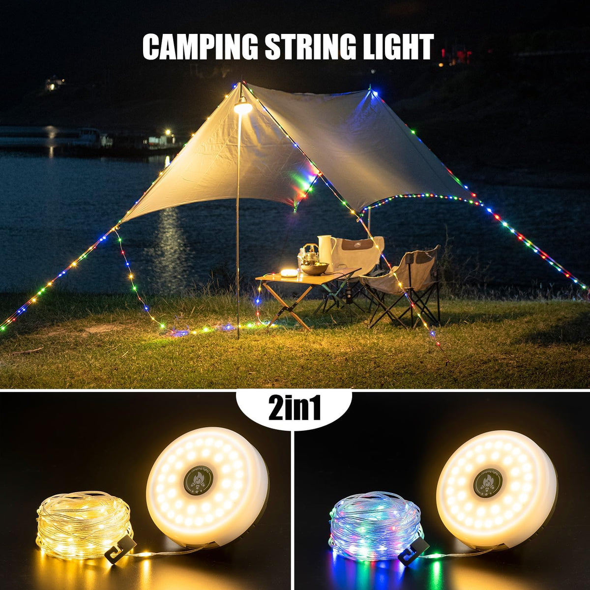 Sutaig 2-Pack Camping String Lights | 4-in-1 Lantern, 32.8ft, 8 Modes, USB-C, Waterproof