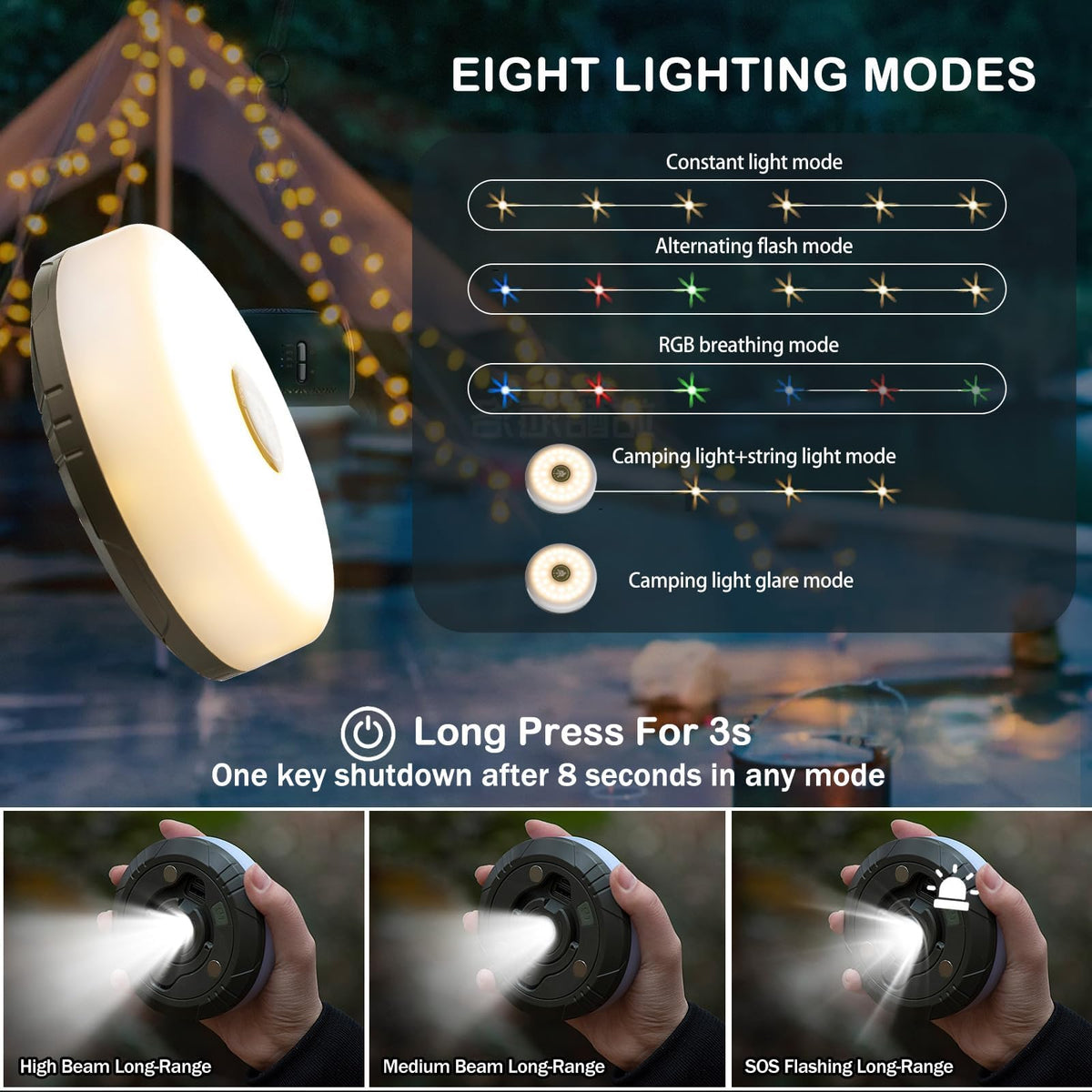 Sutaig 2-Pack Camping String Lights | 4-in-1 Lantern, 32.8ft, 8 Modes, USB-C, Waterproof