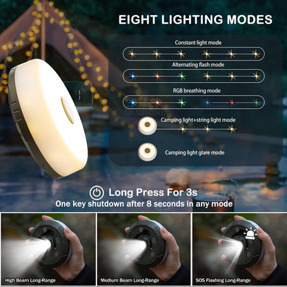 Sutaig 2-Pack Camping String Lights | 4-in-1 Lantern, 32.8ft, 8 Modes, USB-C, Waterproof