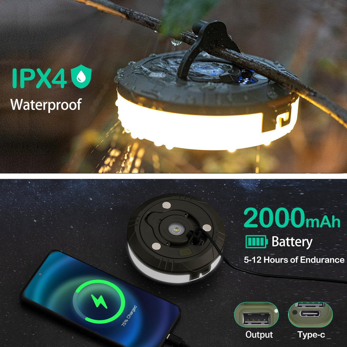 Sutaig 2-Pack Camping String Lights | 4-in-1 Lantern, 32.8ft, 8 Modes, USB-C, Waterproof