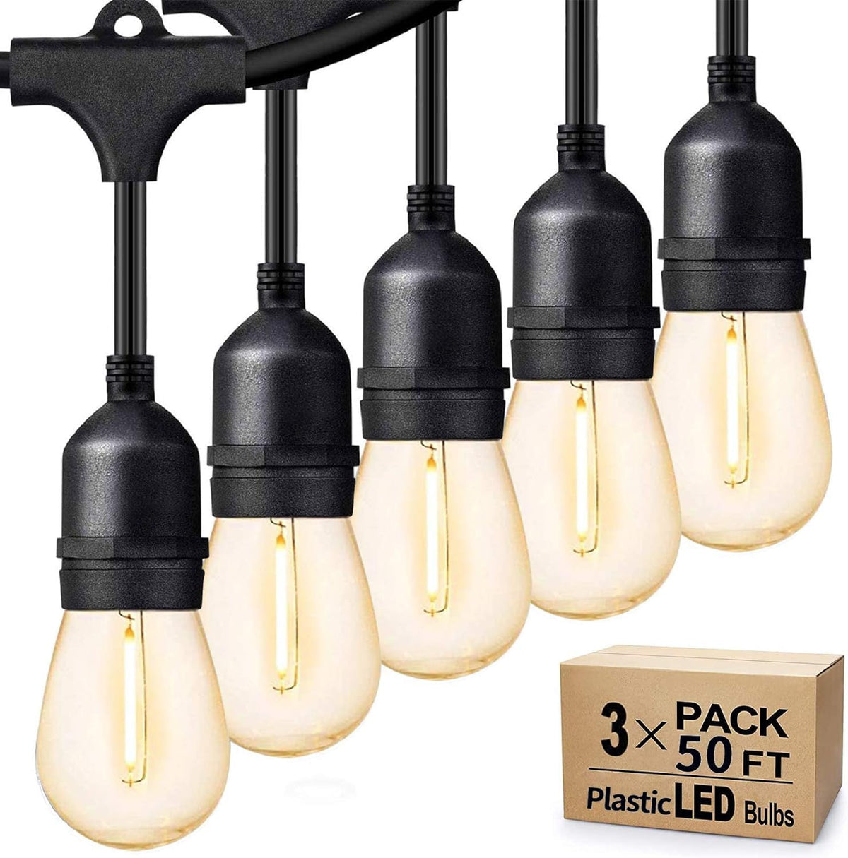 Svater Outdoor String Lights 150FT – 3-Pack 50FT, 48 Shatterproof S14 Bulbs, 1W Dimmable 2700K, IP65 Waterproof Patio Lighting